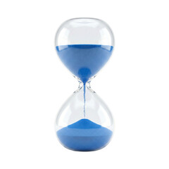Classic glass hourglass instrument timer with blue sand flowing down measuring time countdown and deadline concepts for business management isolated on a transparent background