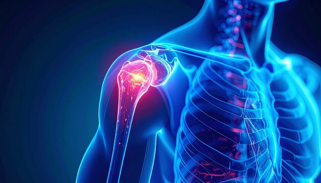Anatomy of shoulder in glowing red in pain or injured