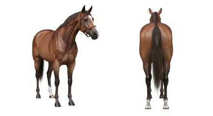 Obraz premium Bay horse standing in front and back views, showcasing its brown coat, dark mane, and tail, with white markings on its legs, isolated on a white background.