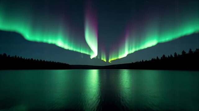 Mesmerizing Green Aurora Borealis Dancing Across Starry Sky Reflected In Calm Lake Surrounded By Forest Silhouette