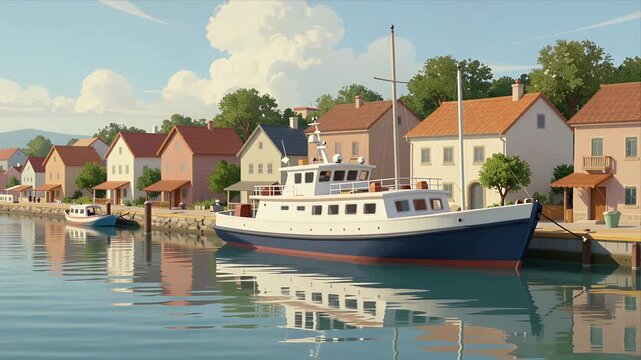 Serene Animated Harbor Scene Featuring Docked Fishing Boat Reflecting In Calm Water Surrounded By Colorful Coastal Houses Under Bright Daytime Sky