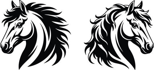 Two elegant horse head vector silhouette, featuring detailed manes and artistic profiles for equestrian branding design © MdMajnur
