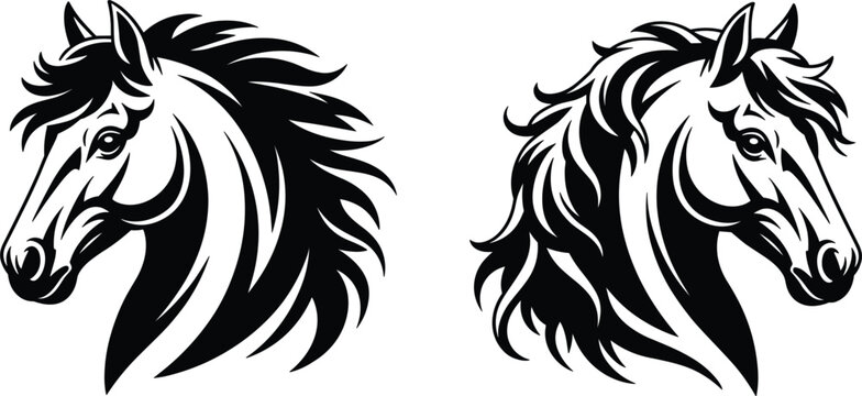 Two elegant horse head vector silhouette, featuring detailed manes and artistic profiles for equestrian branding design