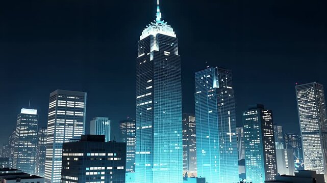 Serene Nighttime Cityscape Featuring Illuminated Skyscrapers Glowing Under Dark Sky, Animated Digital Rendering Ideal For Urban Backgrounds
