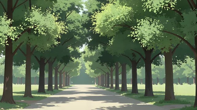 Serene Tree-Lined Pathway Through Lush Green Forest During Daytime, Animated Illustration Ideal For Backgrounds Or Tranquil Scene Compositions