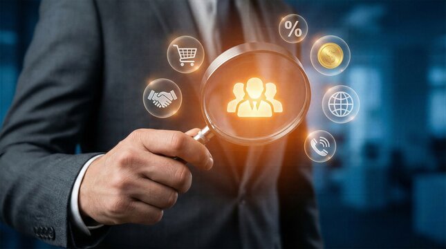 Hand holding magnifier focused on glowing orange user icon surrounded by business symbols for crm customer relationship target audience identification and marketing