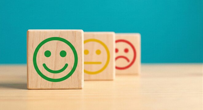 Focus on wooden block with green happy face icon in front of blurred neutral and sad options for customer feedback sentiment analysis and service satisfaction