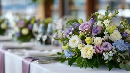 Elegant table setting adorned with an exquisite arrangement of fresh flowers, ideal for a romantic dinner or special occasion. Captivating colors and fragrant blooms bring joy and beauty to the