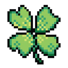 Fototapeta premium Clover leaf pixel art colorful illustration isolated on square white background.