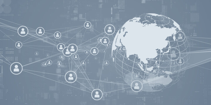 グローバル、ネットワーク、拡散、人々、人材、コネクション、ビジネス、人脈、マッチング、世界、国際、地球、インターナショナル、ワールドワイド、シルエット、ビジネスパーソン、マーケティング、政治、経済、金融、外交、提携、テクノロジー、DX、デジタル、トランスフォーメーション、システム、コンピュータ、通信、インターネット、オンライン、web、背景、バックグラウンド、ハイテク、バナー、デザイン、未来、SF