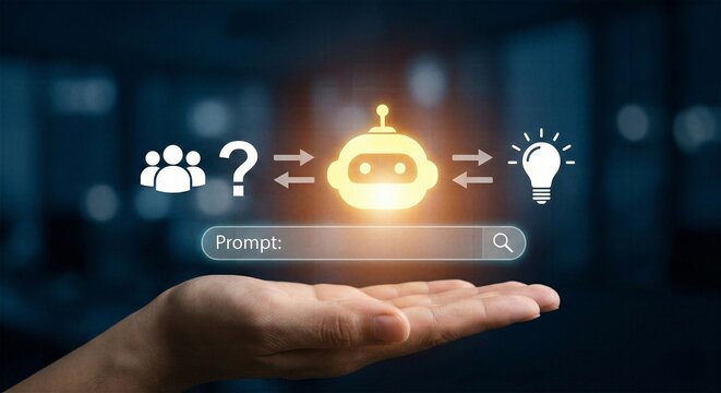 Hand holding futuristic interface with robot and question icons illustrating ai prompting generative AI human machine interaction and chatbot virtual assistant