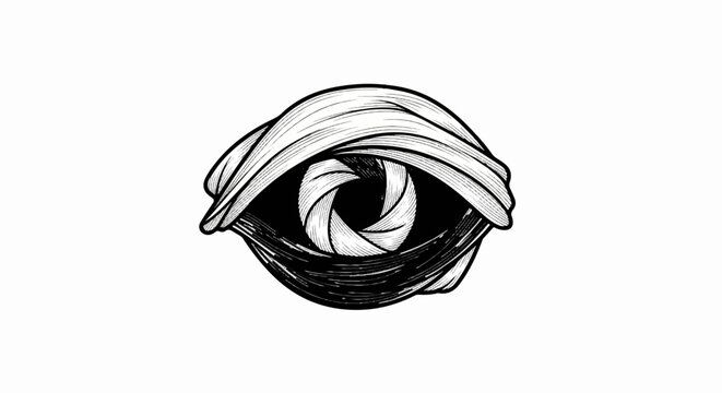 Black and white drawing of an eye with a camera aperture iris
