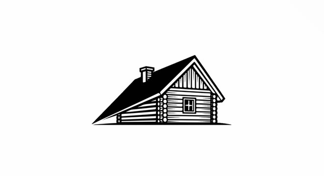 Black and white graphic of a simple log cabin with a pitched roof and chimney