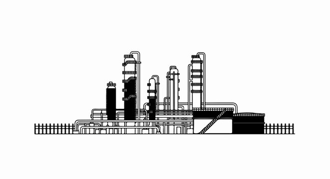 Black and white graphic of an industrial refinery complex with tanks and pipes