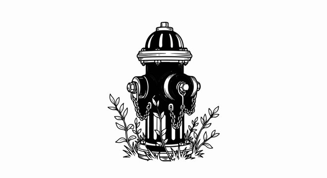 Black and white illustration of a fire hydrant with surrounding foliage