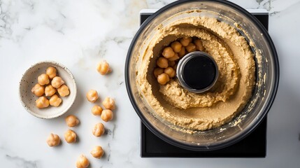 Chickpeas and tahini blended in food processor, ingredients for hummus preparation, overhead view