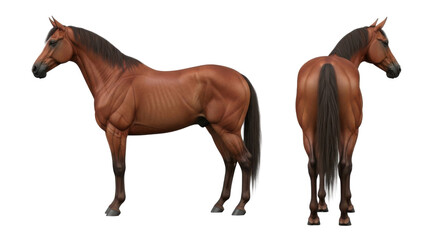 Obraz premium Brown horse standing in side and rear views, showcasing its muscular physique and elegant posture with a dark mane and tail, isolated on a white background.