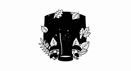 Black and white illustration of a magical glowing mushroom and falling leaves