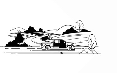 Obraz premium Black and white illustration of a pickup truck driving on a winding road through rolling hills