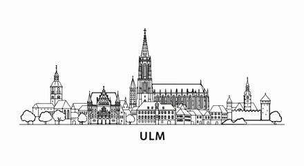 Obraz premium Black and white line art cityscape with prominent church spires and buildings