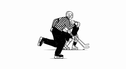Fototapeta premium Black and white line art shows a referee in striped shirt and players on ice