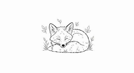 Obraz premium Black and white sketch of a sleeping fox curled up amidst leaves and grass