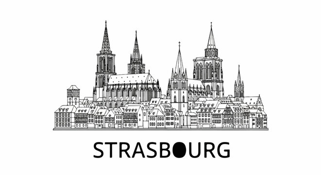 Black and white line drawing of Strasbourg skyline with gothic architecture