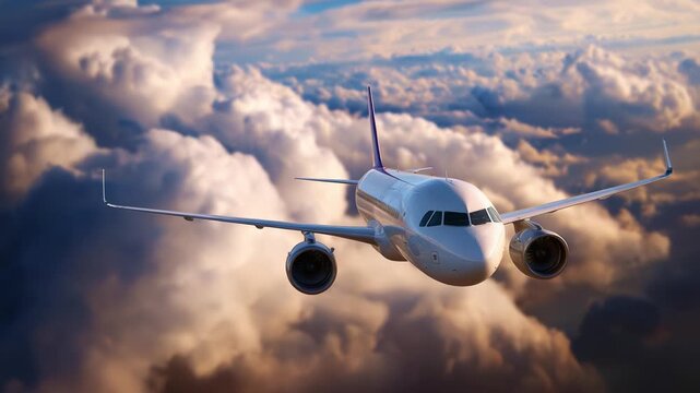 A majestic aircraft soaring through the clouds at sunset, showcasing its elegance and power in the vast sky, a symbol of modern aviation and travel.