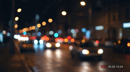 Blurred vibrant night city road with cars and colorful lights. Abstract urban traffic bokeh for background overlay. Modern life concept.