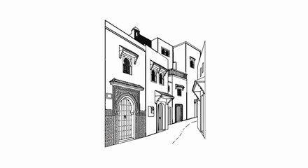 Naklejka premium Black and white sketch of an old street with arched doorways and balconies