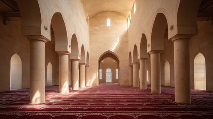 Fototapeta premium Elegant Interior Design of Mosque with Arched Columns and Decorative Carpets Illuminated by Natural Light