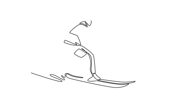 Skiing sport. Sport concept. Single line draw design. Full length animation illustration. High quality 4k footage