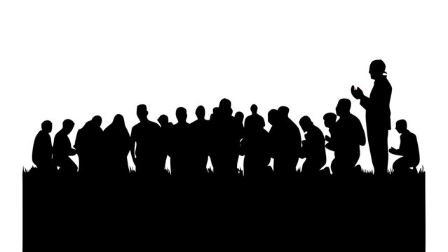 : Silhouette vector of a large crowd of people praying together in an open field at sunrise, spiritual and serene atmosphere.