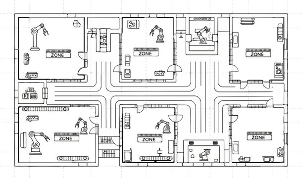 Blueprint of a factory floor plan with robotic arms and assembly lines