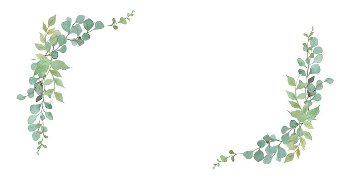 Watercolor Eucalyptus Corner Frames: Natural Greenery Border Set and Botanical Foliage Ornaments for Minimalist Design-300dpi-