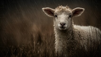 Fototapeta premium A solitary young lamb with wet, curly fleece gazes forward during a soft rain shower in a field of