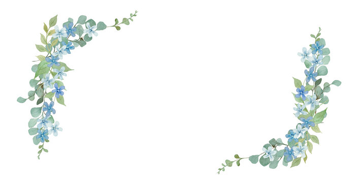 Watercolor Blue Star and Eucalyptus Corner Frames: Elegant Tweedia Floral Border Set for Baby Shower and Wedding-300dpi-