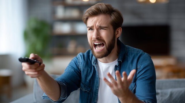 IPTV buffering screen frustration moment, man on couch reacting