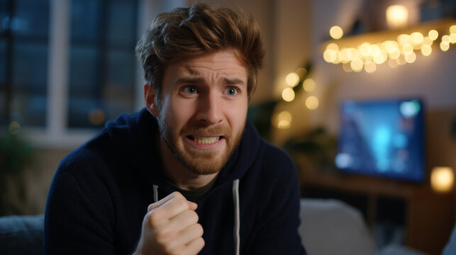 IPTV buffering screen frustration moment, man on couch reacting