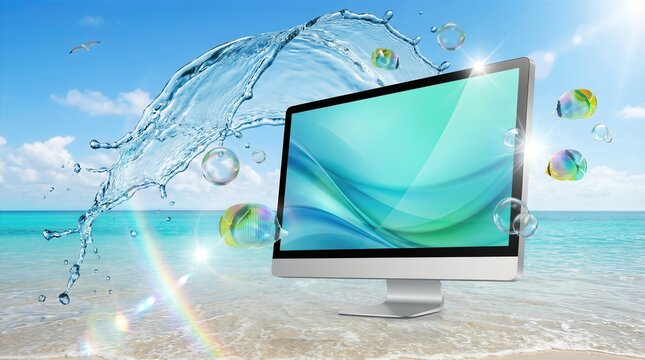 Computer monitor with a vibrant screen splashing water and bubbles on a sandy beach with ocean waves and a clear blue sky in the background