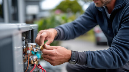 Obraz premium Hands working on air source heating unit, engineer installing pump system on house exterior, residential environment with energy efficiency shown clearly, outdoor installation with