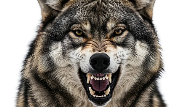 Aggressive Gray Wolf Facing Forward with Bared Teeth in Close-up Portrait