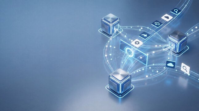 AI agent workflow orchestration background with secure access control gate and network nodes, governance compliance concept, blue digital technology banner header with copy space