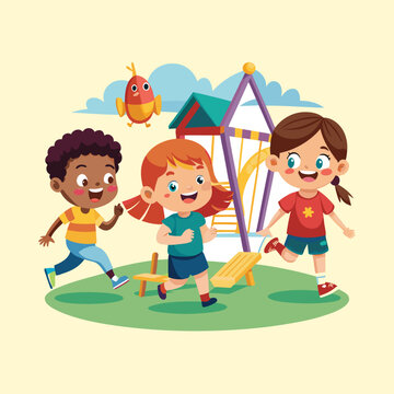 Happy Diverse Children Playing Outdoors in Cartoon Playground Vector Illustration