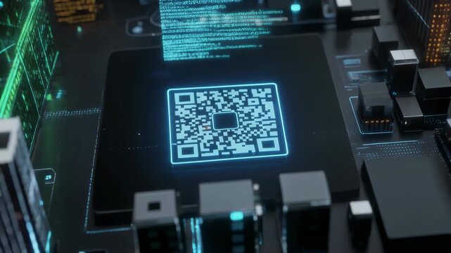 Futuristic glowing QR code on digital circuit board technology background for innovation and connectivity