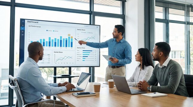 Business team analyzing quarterly performance data on screen in modern office