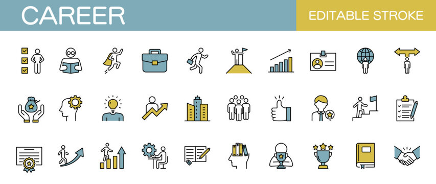 キャリアに関するラインアイコンセット　ビジネス・リーダーシップ・出世など（線幅変更可能・カラー）