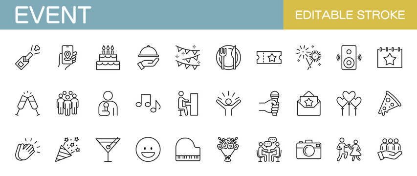 イベントに関するアイコンセット　誕生日・計画・お祝いなど（線幅変更可能）