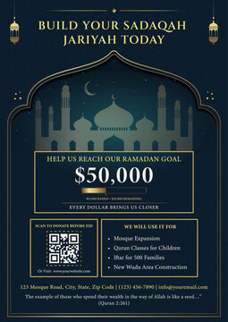 Ramadan Fundraiser Donation Flyer Template with Mosque Silhouette, Islamic Charity Campaign Poster with QR Code Placeholder for Zakat and Sadaqah Jariyah, Professional Religious Event Graphic Design