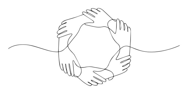 Circle of Interlocked Hands Representing Unity and Collaboration continuous one line drawing, Teamwork hands circle, continuous line art, unity and connection symbol, Continuous line drawing of severa